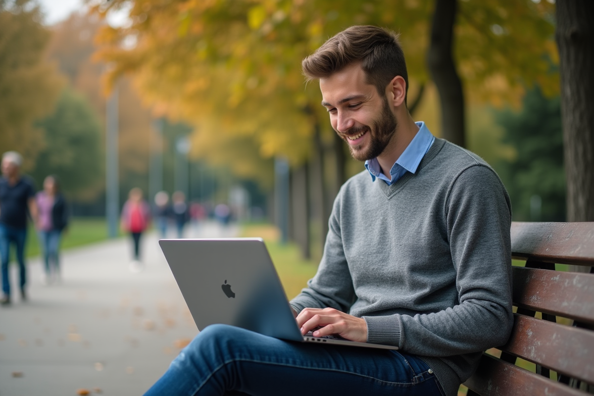 Jeune homme détendu vérifiant ses finances sur un ordinateur dans un parc