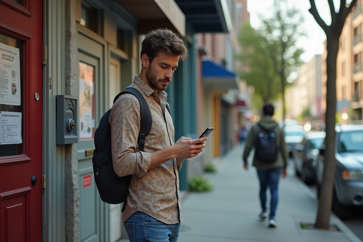 Jeune homme dans la rue urbaine tient son smartphone