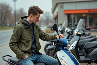 Jeune homme inspectant un scooter neuf en extérieur