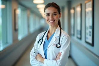 Jeune infirmiere souriante dans un couloir d'hôpital moderne