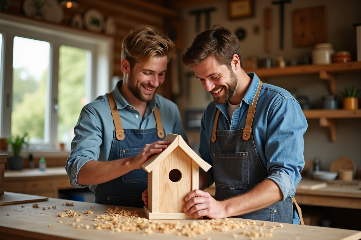 Jeune garçon et son père examinant une cabane en bois dans l