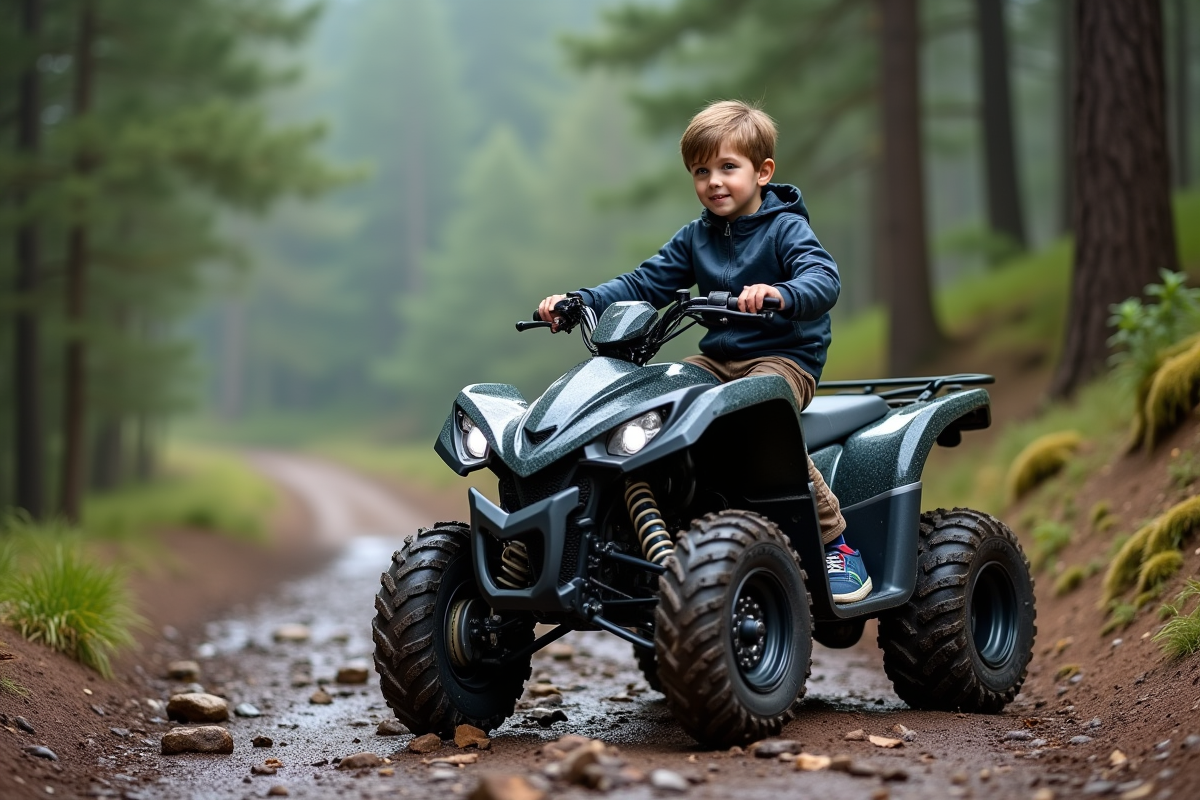 Jeune garçon sur quad dans la forêt après la pluie