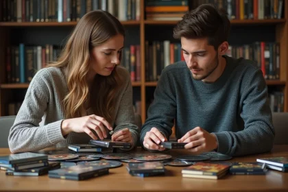 Jeune couple discutant autour de DVD Lord of the Rings