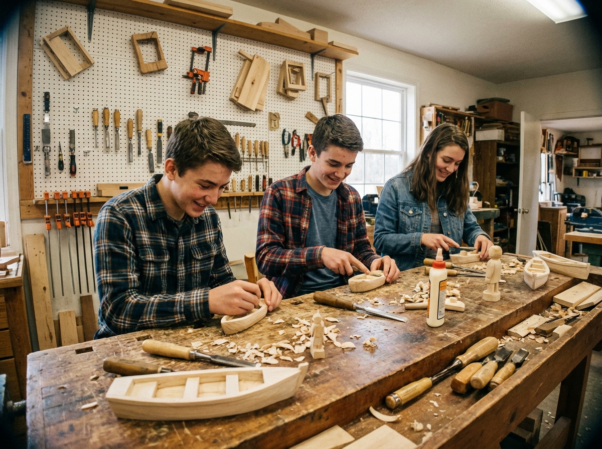 Jeunes sculptant des modèles en bois dans un atelier communautaire