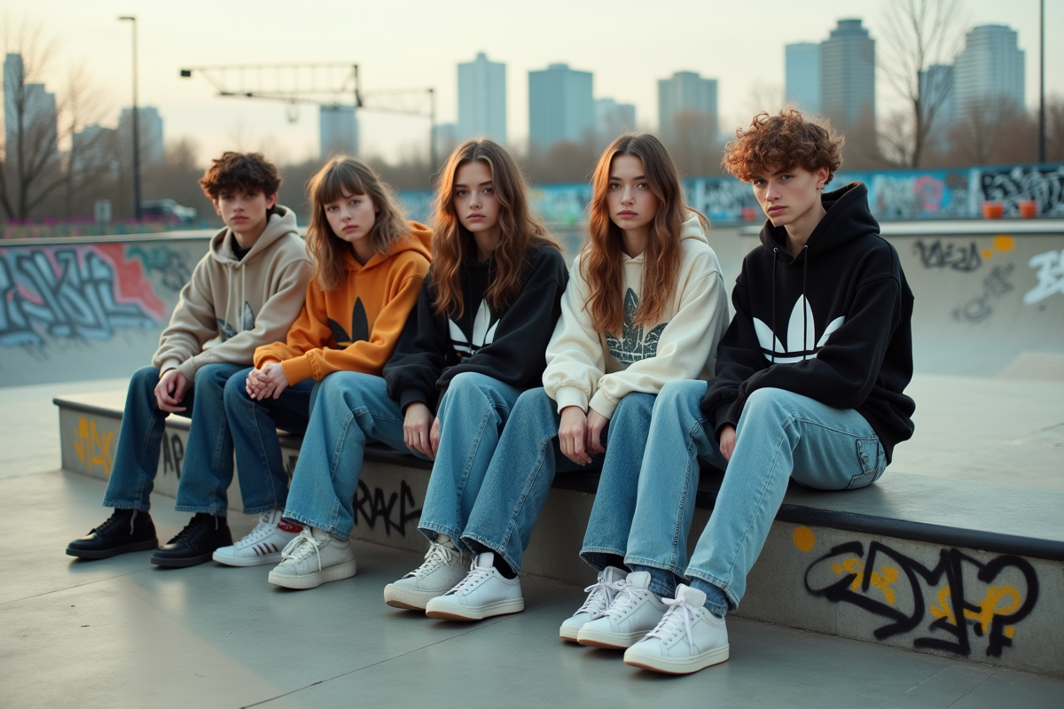 Jeunes adultes en streetwear dans un skatepark urbain avec graffitis