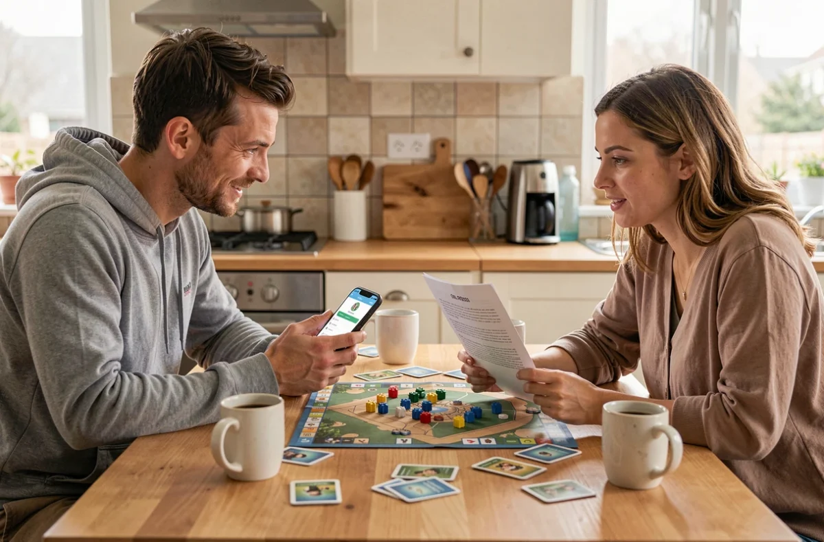 Deux joueurs débattant de l'utilisation d'un smartphone et de fiches aide-mémoire pendant une partie de jeu de société pédantique