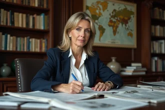 Journaliste française spécialisée en géopolitique assise dans un bureau éditorial parisien entouré de journaux internationaux