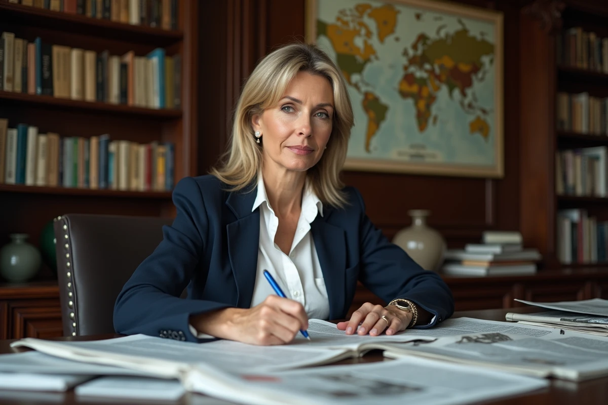 Journaliste française spécialisée en géopolitique assise dans un bureau éditorial parisien entouré de journaux internationaux