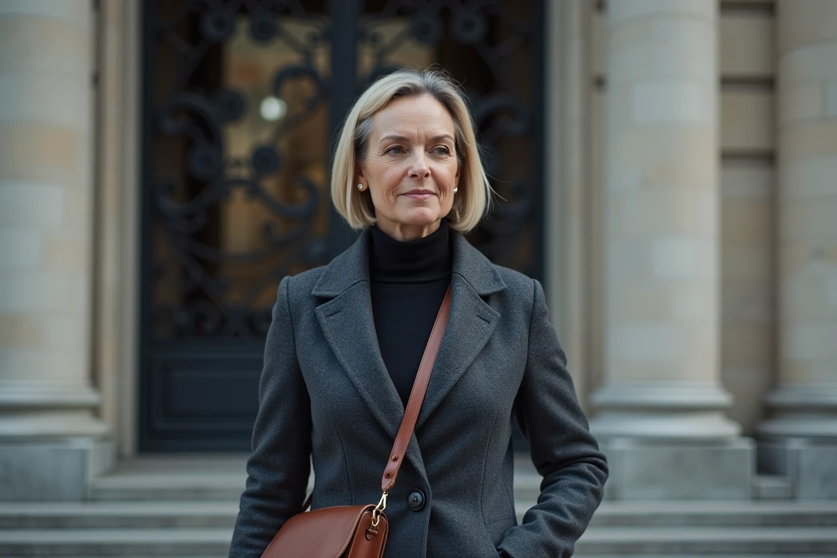Journaliste femme devant un bâtiment institutionnel à colonnes lors d'un reportage diplomatique international