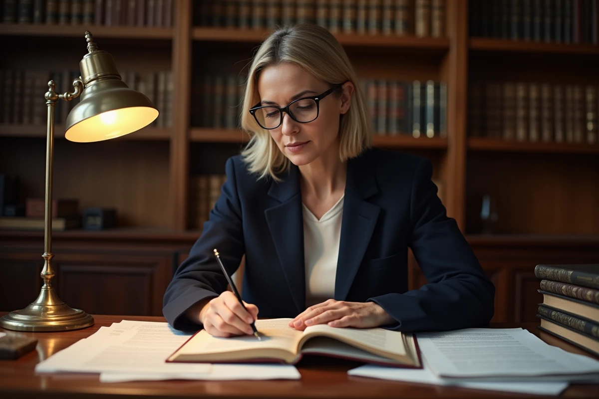 Femme juriste consultant des documents juridiques dans une bibliothèque de droit, illustrant la recherche en protection juridique