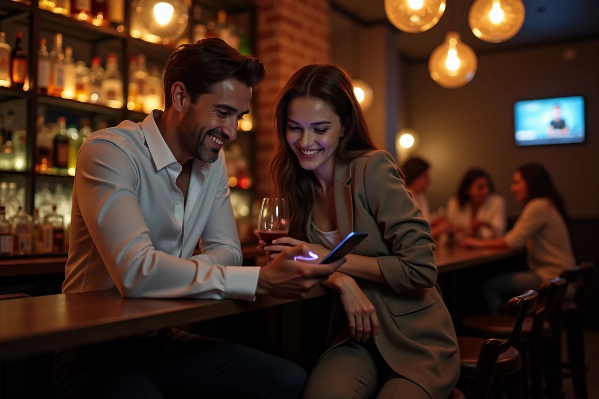 Deux amis à l'intérieur du Kripton Club Yssingeaux consultant les bons plans et promotions sur smartphone