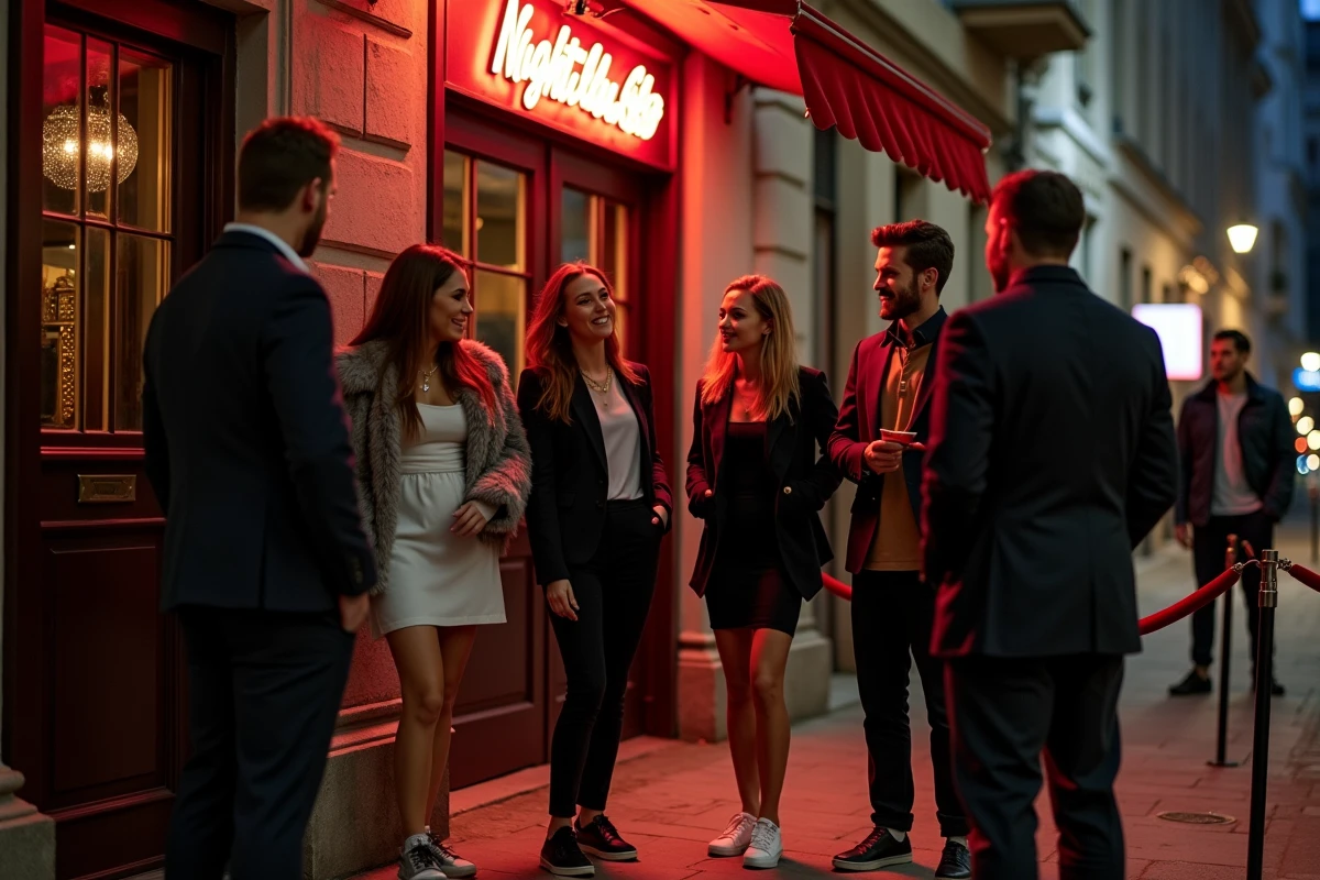 Groupe de jeunes adultes habillés avec style devant l'entrée du Kripton Club à Yssingeaux, respectant le dress code élégant-décontracté
