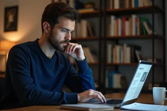 Homme lisant un site d'informations sur un ordinateur portable dans un bureau à domicile, regard critique et analytique
