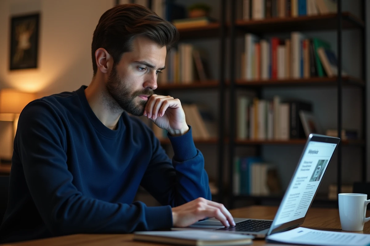 Homme lisant un site d'informations sur un ordinateur portable dans un bureau à domicile, regard critique et analytique