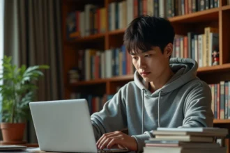 Jeune homme lisant des mangas en ligne sur un ordinateur portable dans un bureau à domicile entouré de volumes physiques