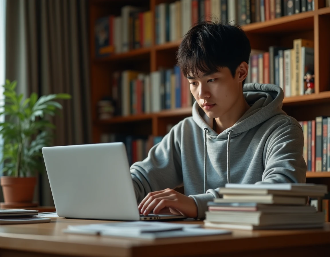 Jeune homme lisant des mangas en ligne sur un ordinateur portable dans un bureau à domicile entouré de volumes physiques