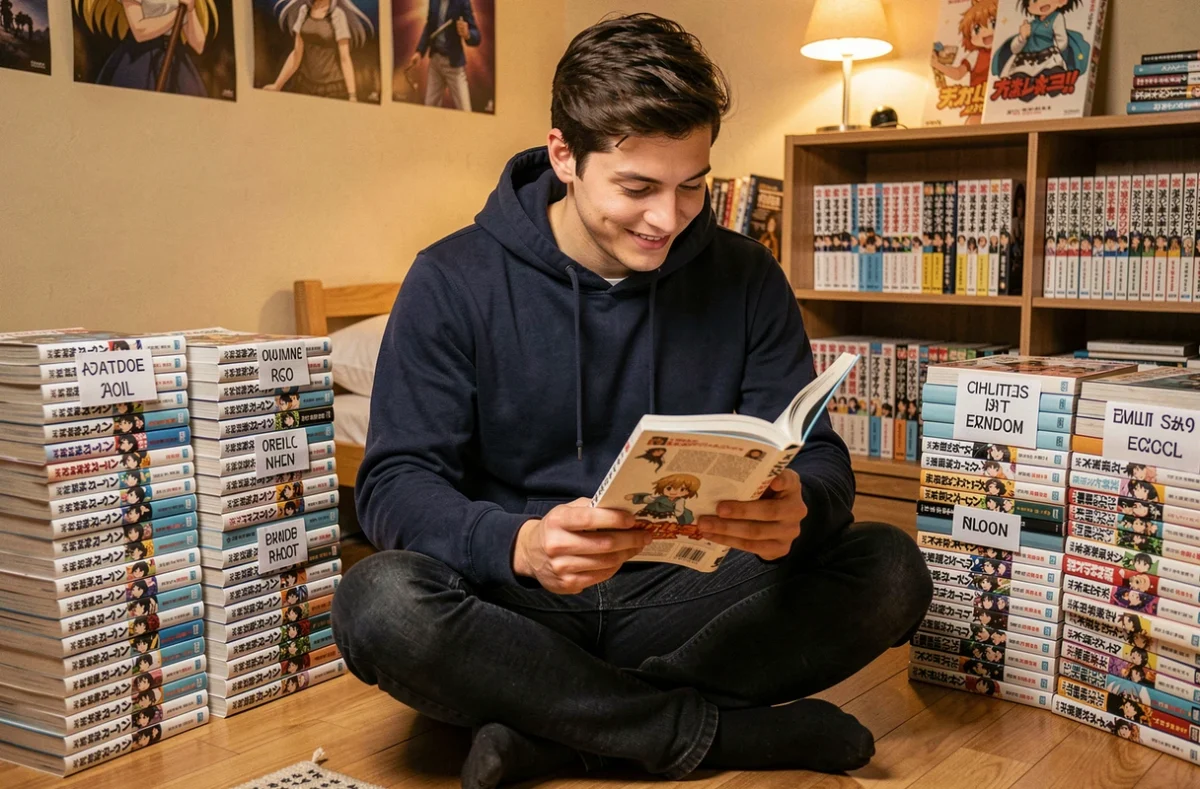 Jeune homme organisant sa lecture du manga One Piece chapitre par chapitre entouré de volumes empilés sur un parquet en bois