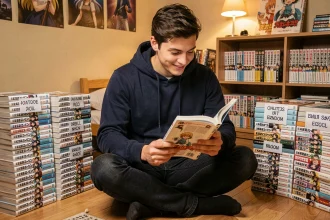 Jeune homme organisant sa lecture du manga One Piece chapitre par chapitre entouré de volumes empilés sur un parquet en bois
