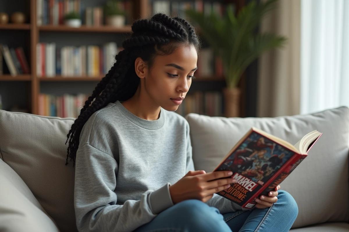 Jeune femme lisant un recueil de comics Marvel sur Victor von Doom dans un appartement contemporain