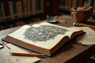 Livre d'art ouvert sur une œuvre de M.C. Escher posé sur une table en bois avec des croquis géométriques et une loupe vintage