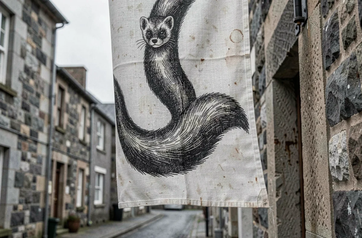 Vue macro sur les hermines tissées d'un drapeau breton accroché contre une façade en pierre bretonne, détails du motif héraldique en noir et blanc