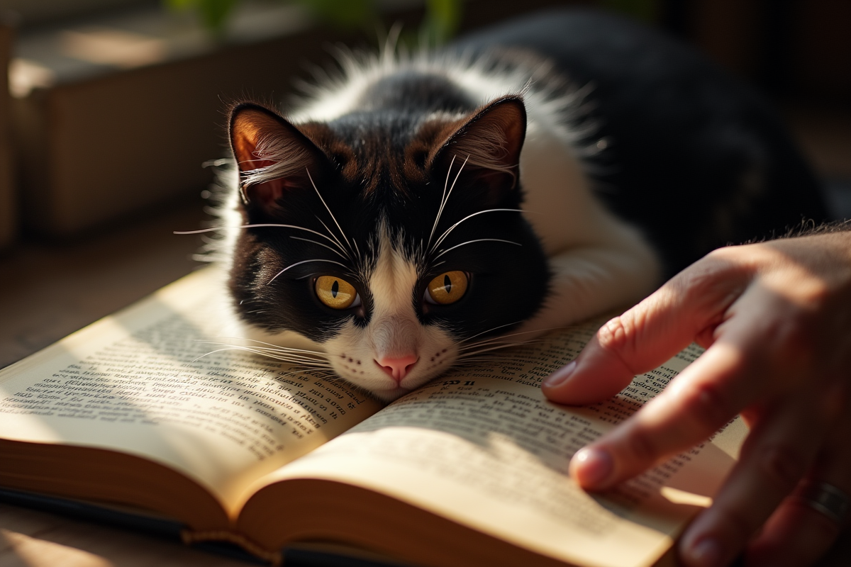 Main âgée caressant un chat sur un livre ancien