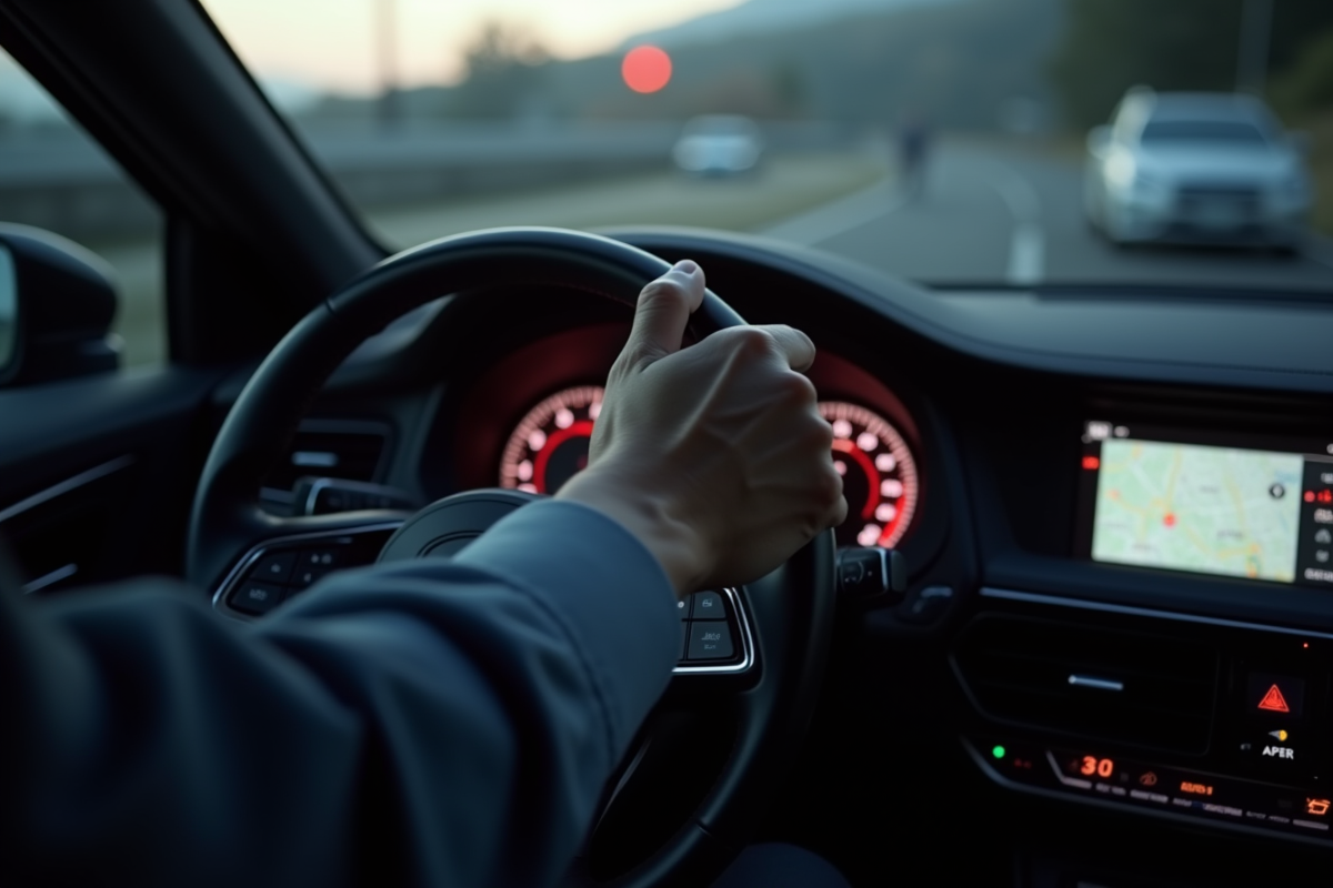 Main du conducteur démarrant la voiture avec voyant ASR visible