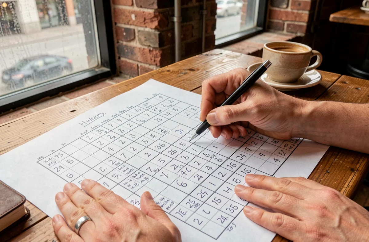 Gros plan des mains d'un joueur remplissant une grille de sudoku difficile dans un café avec stylo bille