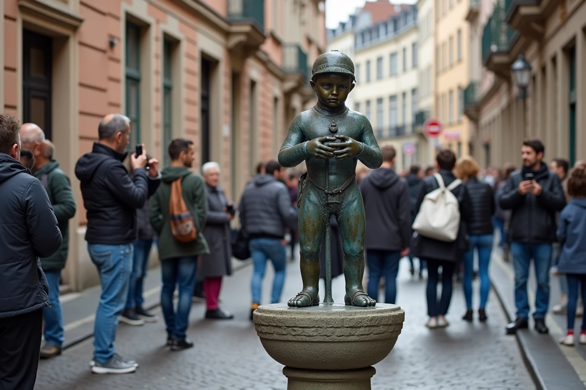 La statue du Manneken Pis entourée de touristes dans une ruelle pavée du centre historique de Bruxelles