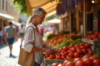 Femme sélectionnant des légumes frais au marché en plein air d'Aix-en-Provence avec façades en pierre dorée en arrière-plan