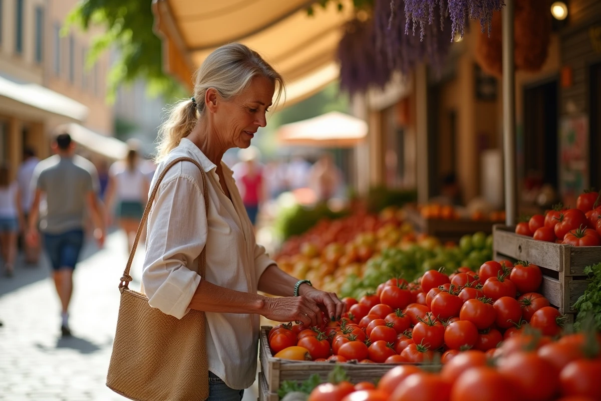 Femme sélectionnant des légumes frais au marché en plein air d'Aix-en-Provence avec façades en pierre dorée en arrière-plan