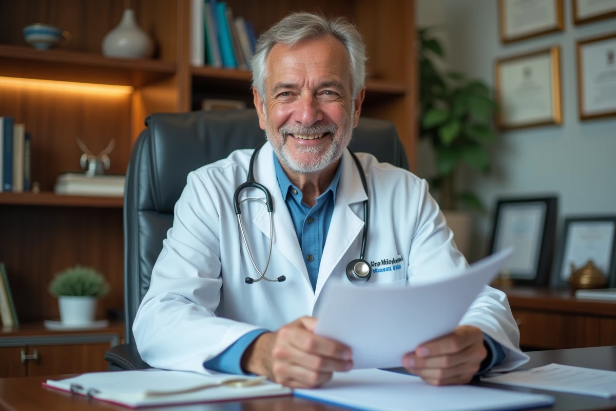 Medecin d age moyen examine un dossier dans son bureau