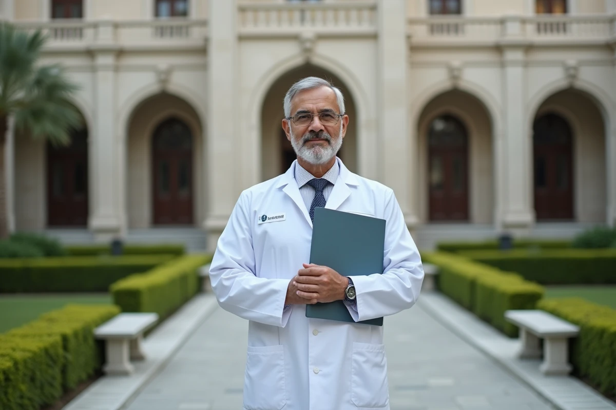Medecin persan en blanc dans un jardin officiel