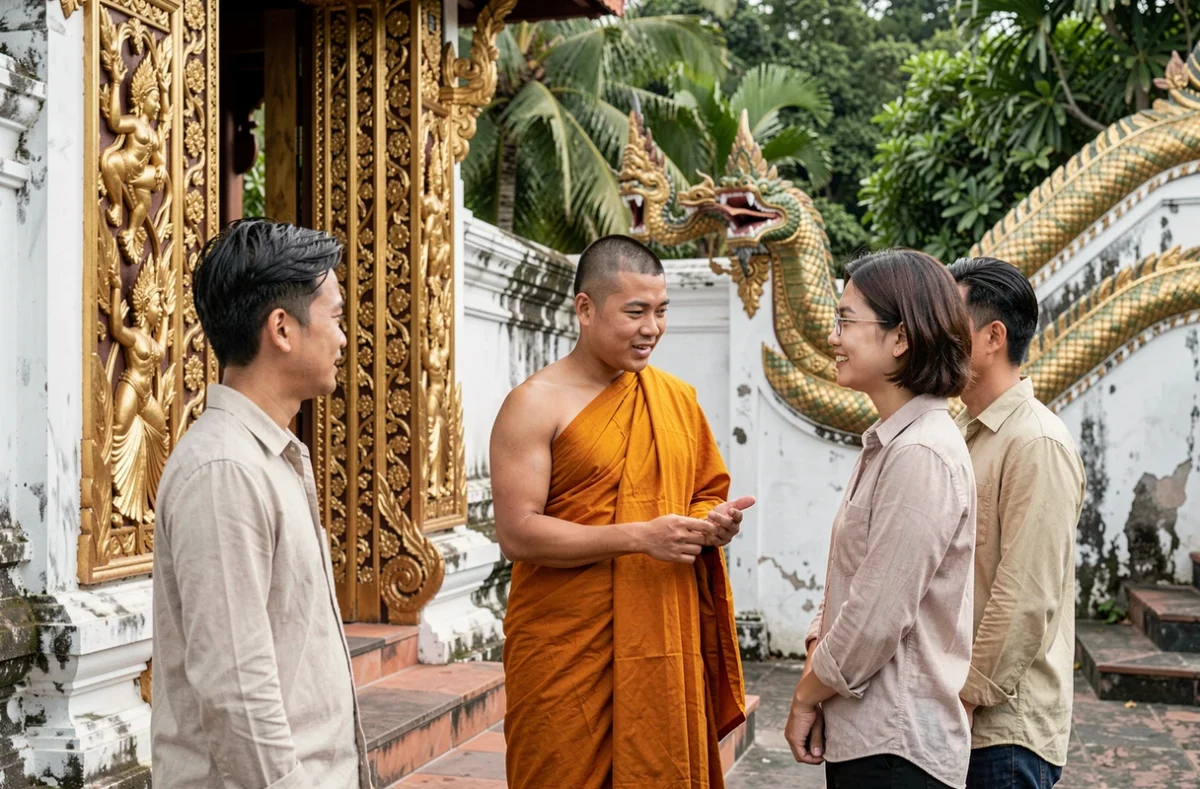 Moine bouddhiste en robe safran expliquant les codes de politesse du temple à des touristes adultes devant une porte ornée