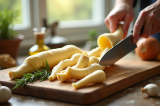 Navets frais coupés sur planche en cuisine lumineuse