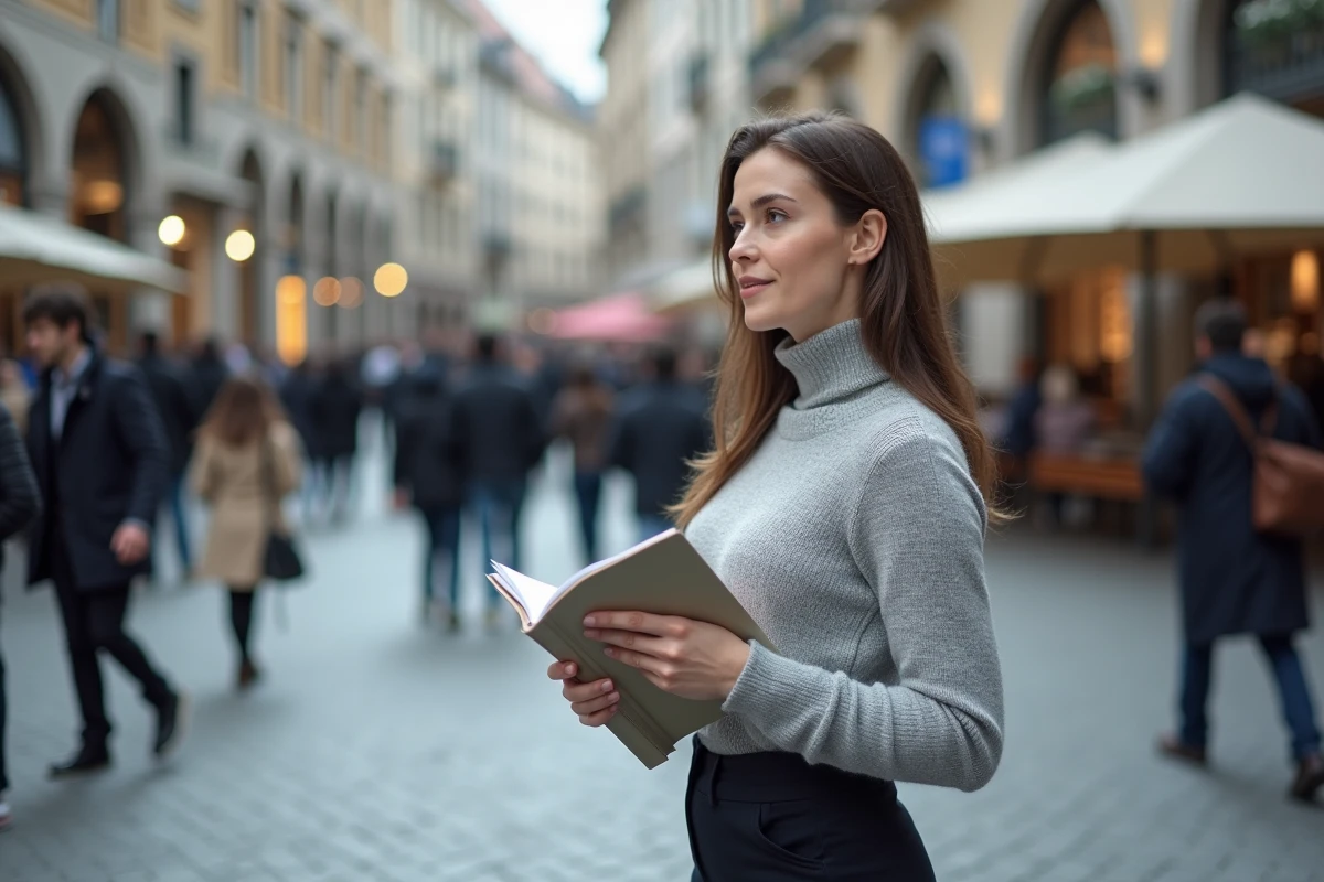 Femme sociologue observant un espace public urbain avec un carnet de terrain, illustration du fait social collectif