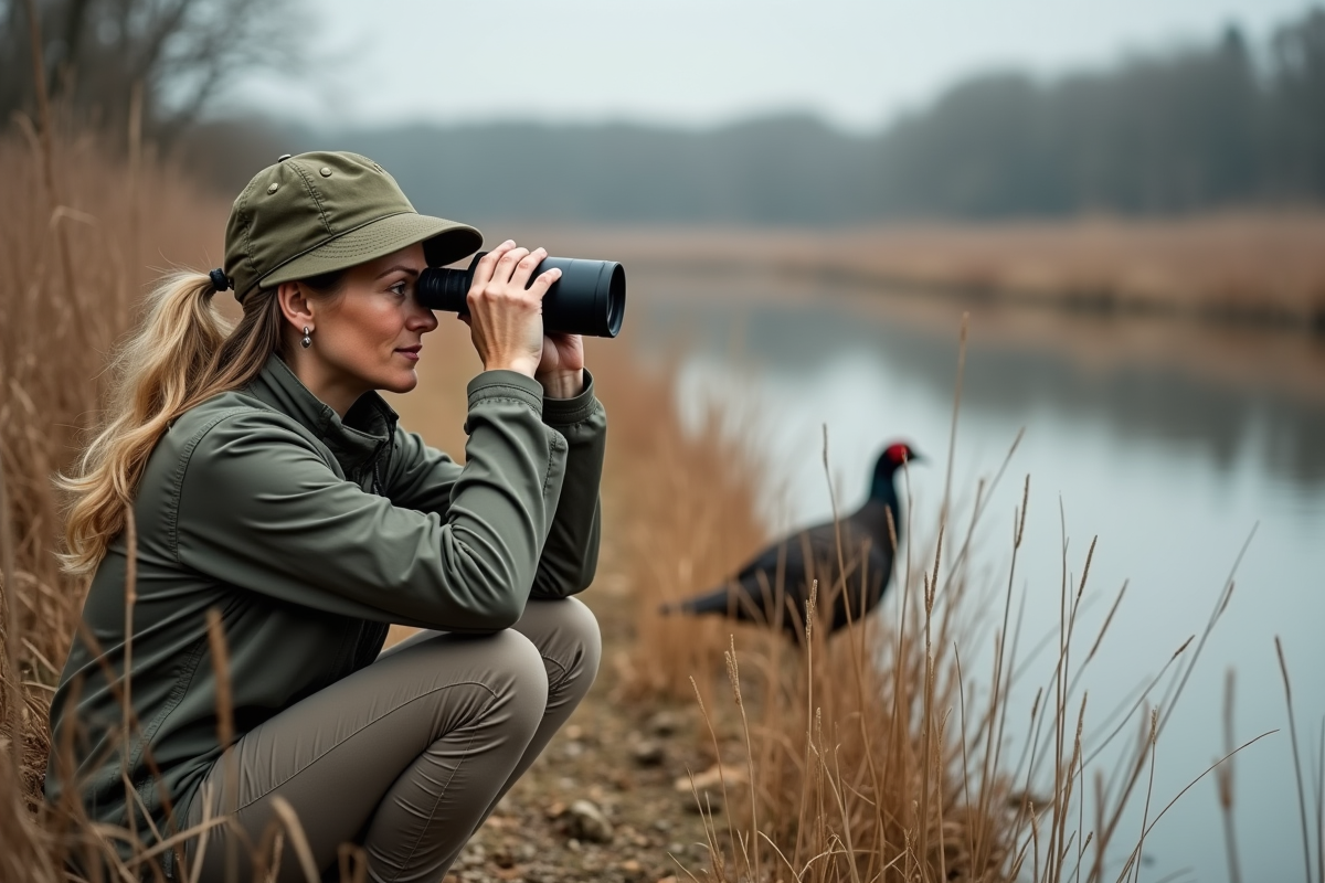 Observatrice de faune au bord d’un ruisseau avec faisan en arrière-plan