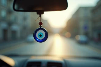 Amulette œil grec bleu (nazar) suspendue au rétroviseur d'une voiture moderne avec route en arrière-plan flou