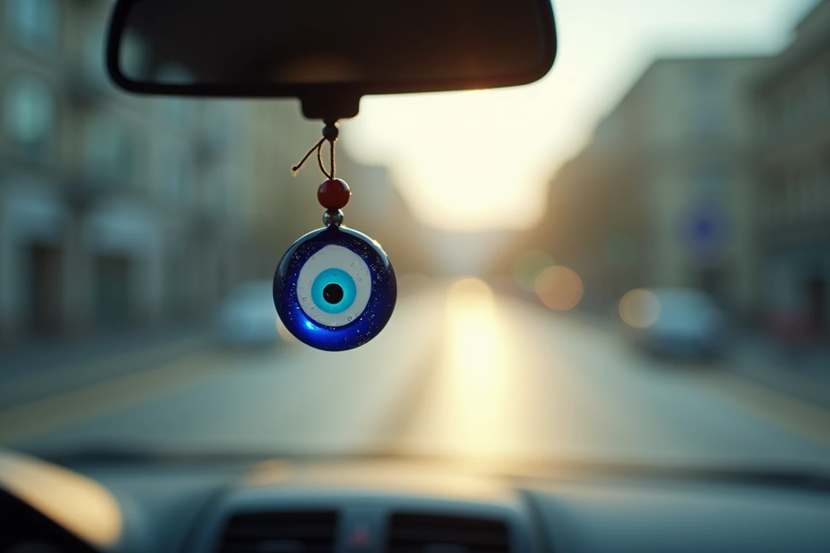 Amulette œil grec bleu (nazar) suspendue au rétroviseur d'une voiture moderne avec route en arrière-plan flou