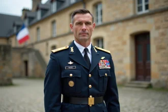 Officier de l'armée de terre française en uniforme de cérémonie devant une caserne militaire