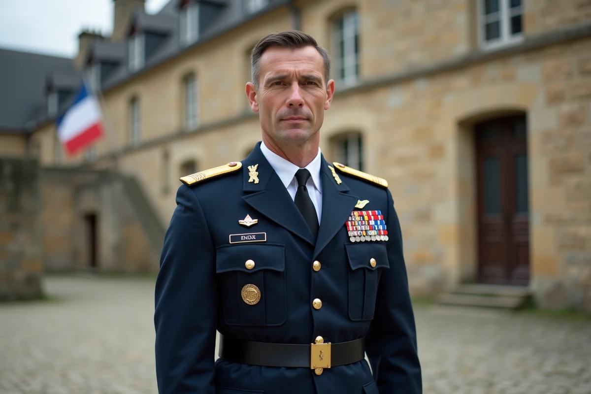Officier de l'armée de terre française en uniforme de cérémonie devant une caserne militaire