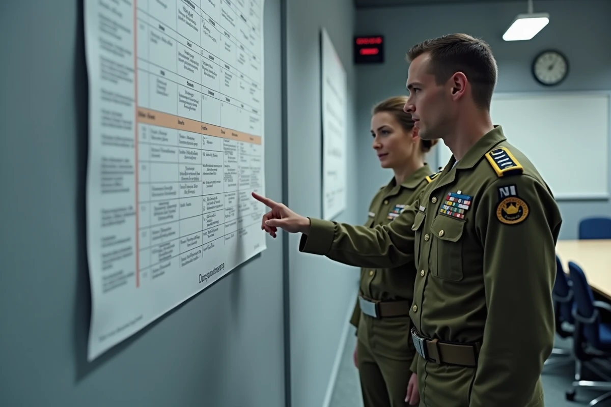 Deux officiers de l'armée de terre en discussion devant un tableau de grille indiciaire dans une salle de réunion militaire