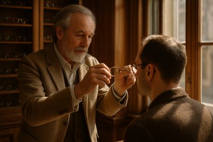Opticien expérimenté ajustant des lunettes vintage dans une boutique en bois