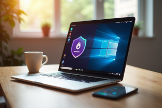 Ordinateur portable affichant Tor et VPN sur un bureau lumineux