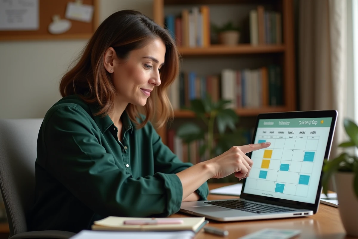 Femme organisant le planning scolaire avec un calendrier numérique de semaines paires et impaires sur ordinateur portable à la maison