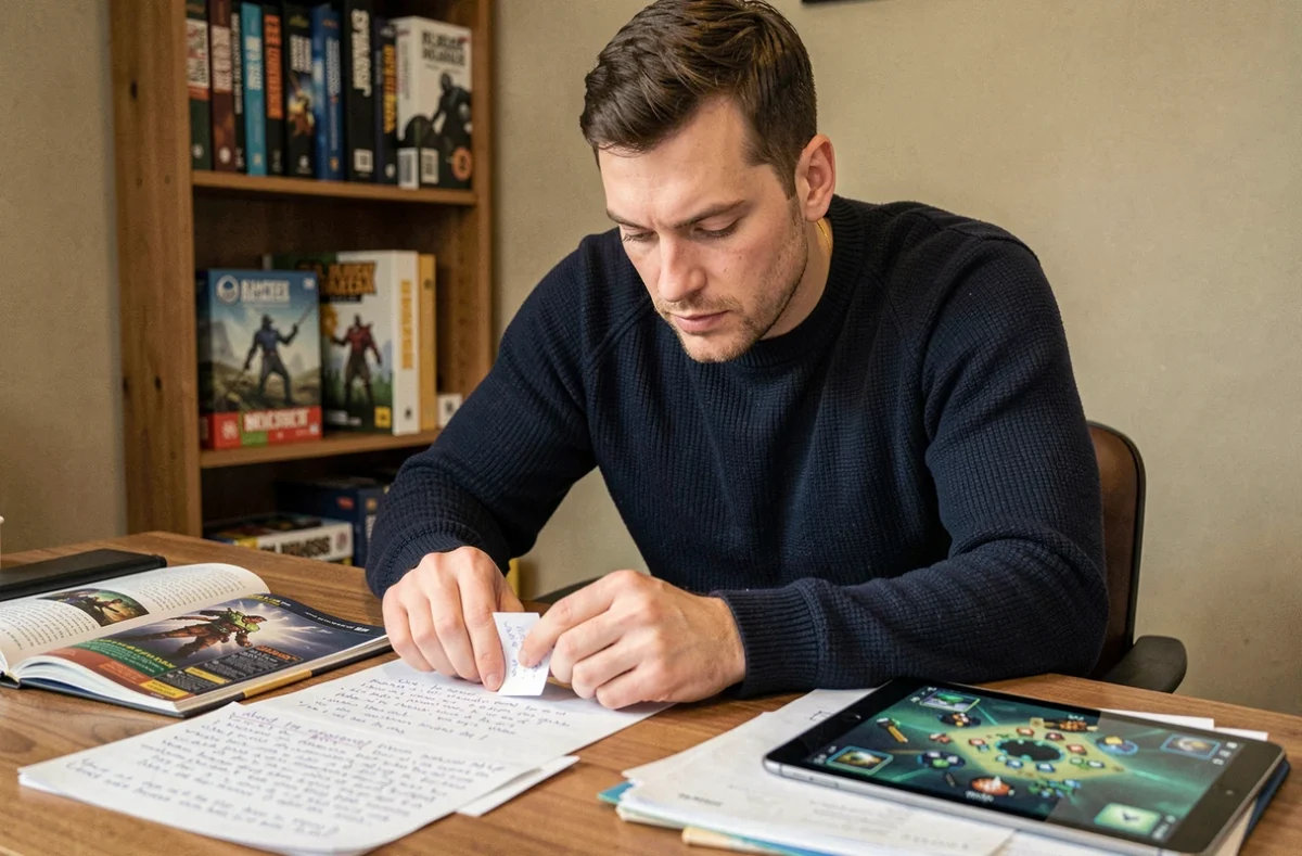 Homme consultant des outils externes et guides stratégiques pour améliorer ses performances à un jeu de société pédagogique
