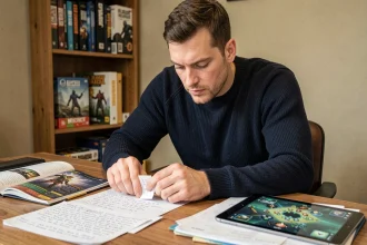 Homme consultant des outils externes et guides stratégiques pour améliorer ses performances à un jeu de société pédagogique