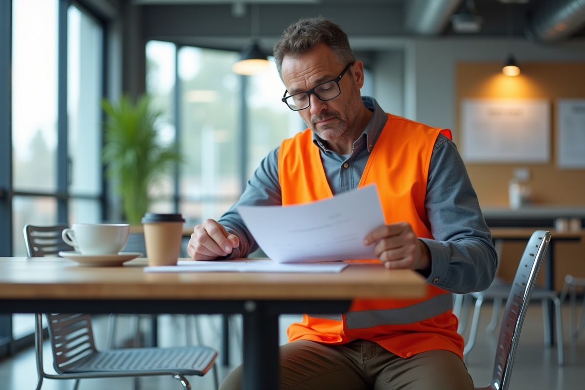 Ouvrier français en pause examinant fiche de paie