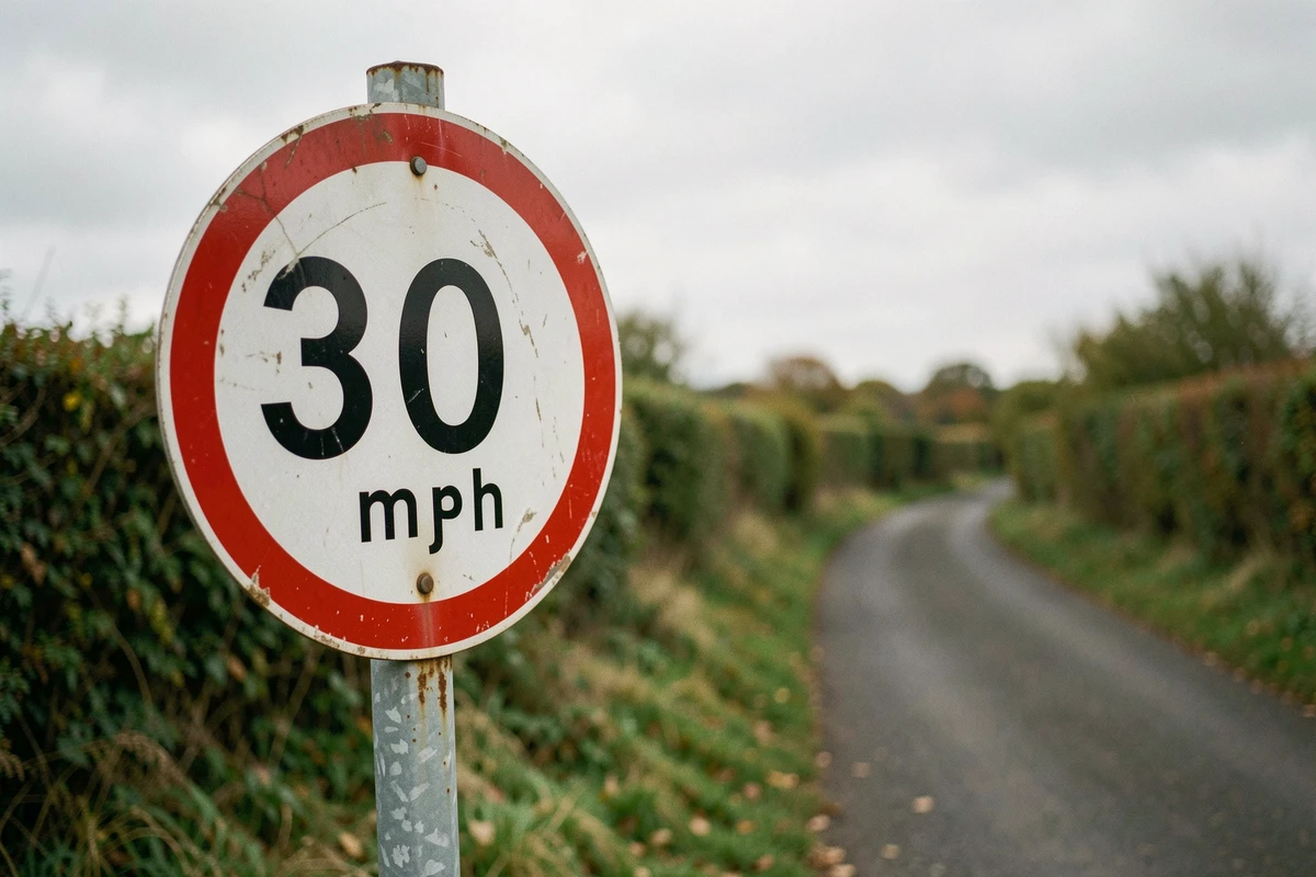 Panneau de limitation de vitesse 30 mph au bord d'une route de campagne britannique, avec haies vertes en arrière-plan flou