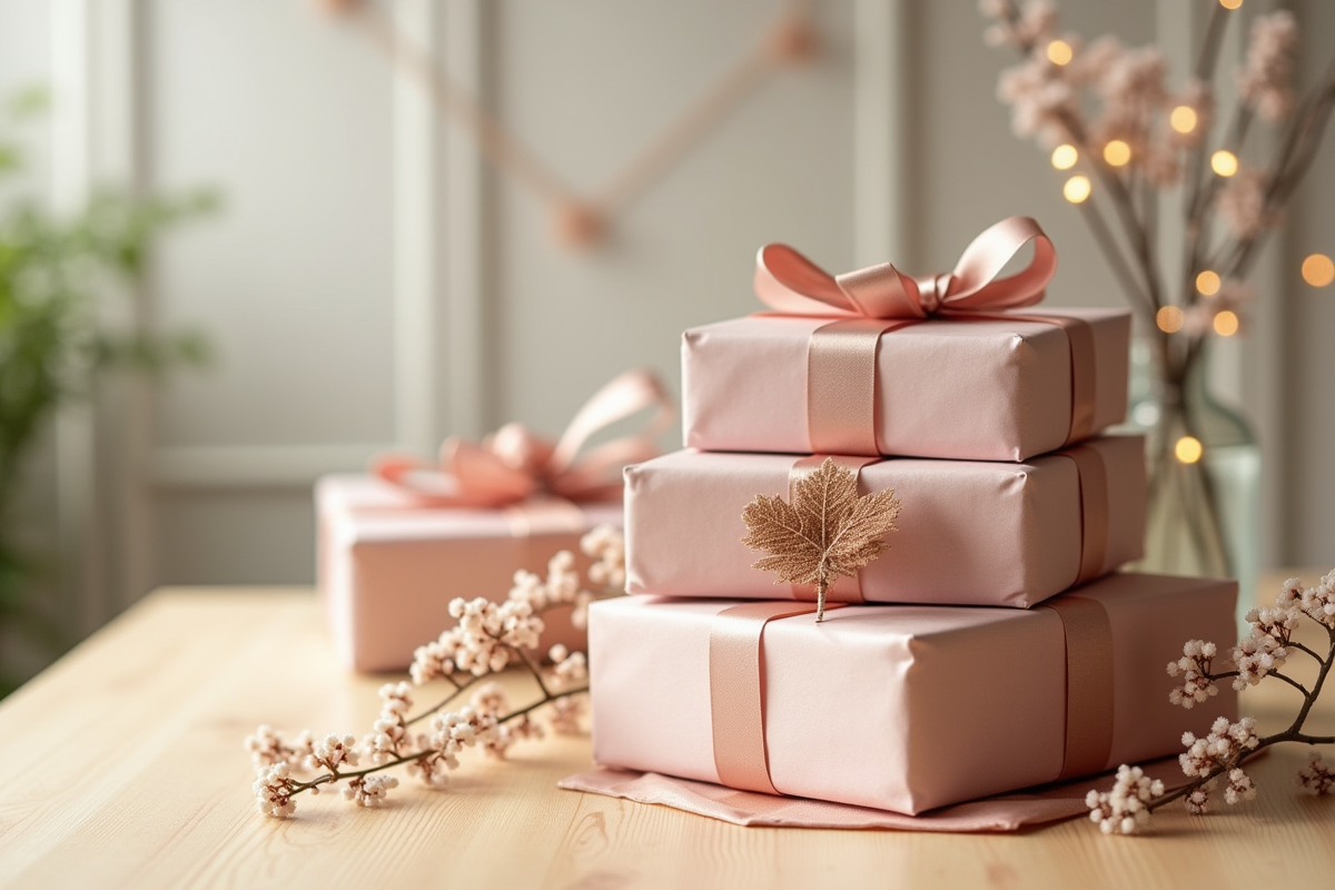 Paquets cadeaux décorés sur une table en bois clair